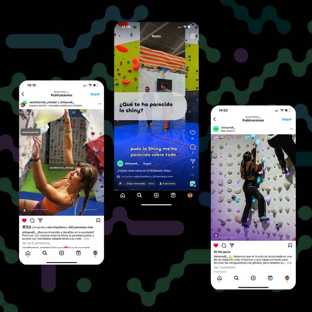 Publicaciones de Instagram de Shiny Wall mostrando escaladores en acción y experiencias en paredes de escalada interactivas.