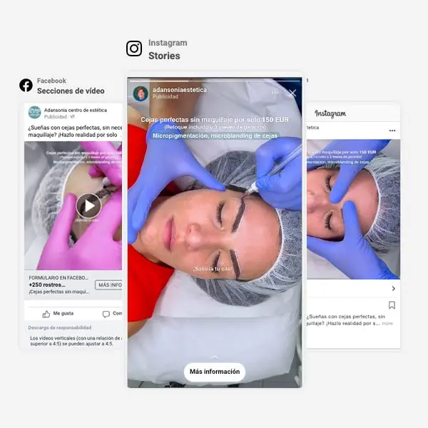 Campañas publicitarias de Adansonia Centro Estético en redes sociales, mostrando tratamientos de cejas.