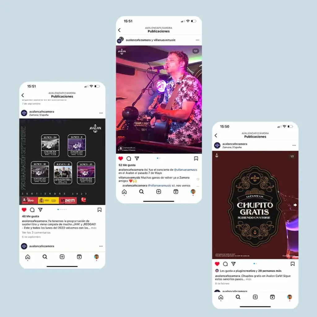 Publicaciones de Instagram de Avalon Café Zamora mostrando eventos de conciertos, promociones y calendario mensual.