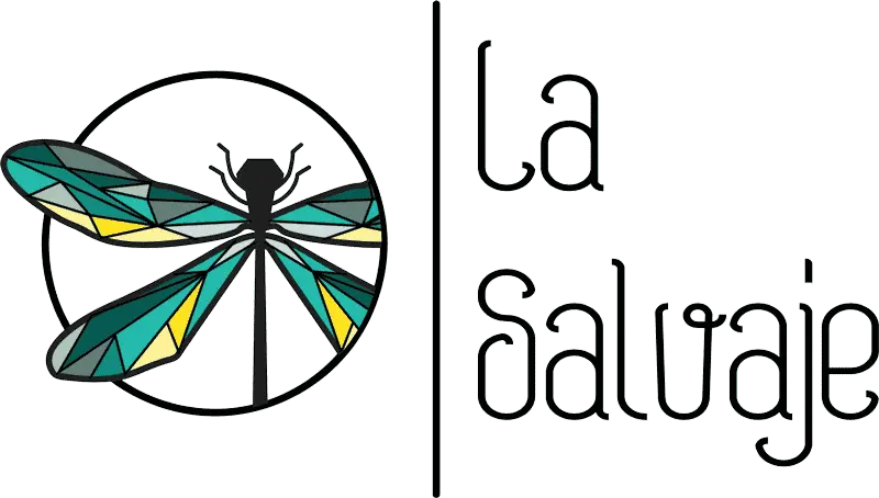 Logo de La Salvaje, una peluquería en Madrid, con una libélula estilizada en tonos verdes y amarillos.