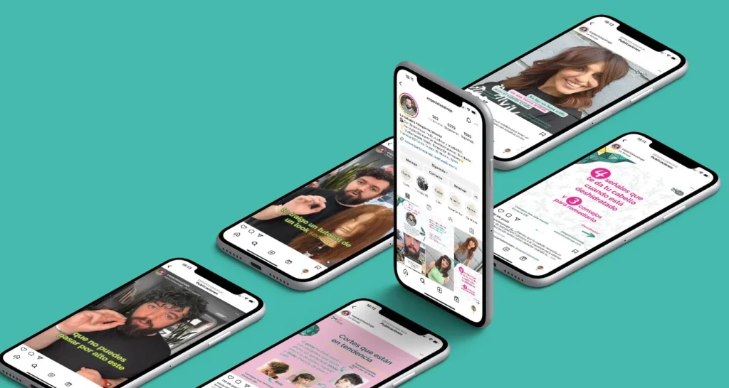 Múltiples teléfonos móviles mostrando publicaciones de Instagram de La Salvaje, peluquería en Madrid.